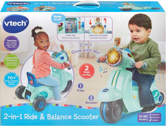 VTech Patinete de passeio e equilíbrio 2 em 1 para bebês, azul, modo de bicicleta de equilíbrio e modo triciclo, farol iluminado, músicas, frases de segurança rodoviária e sons de patinete, brinquedo para crianças de 12, 18, 24 meses +, versão em inglês