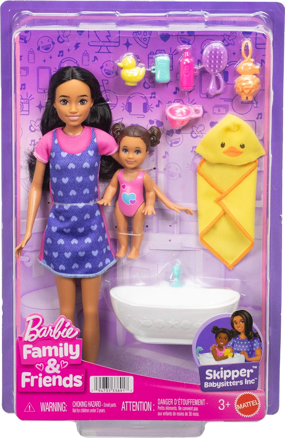 Barbie Conjunto Skipper Babysitters Inc. com boneca morena, boneca bebê morena, banheira e 6 acessórios, incluindo um patinho de borracha, JJB43