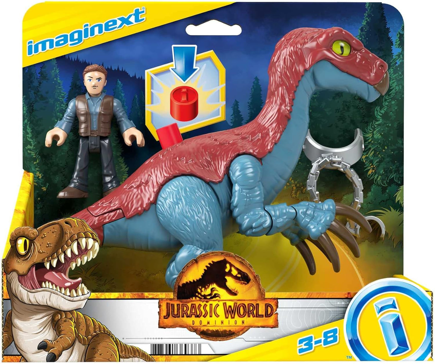 Fisher-Price Conjunto de 3 figuras articuladas Imaginext Jurassic World Dominion: Dinossauro Therizinosaurus e Owen Grady, para crianças em idade pré-escolar a partir de 3 anos.