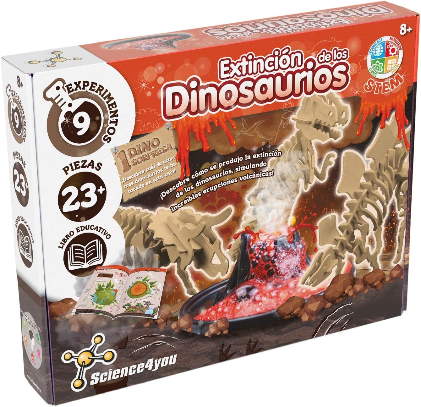 Science4you Kit de escavação de fósseis de dinossauro 4 em 1 - Kit de escavação de fósseis para crianças, Science4you - Extinção Extinção, brinquedo educacional e presente original engraçado com dinossauros e vulcões
