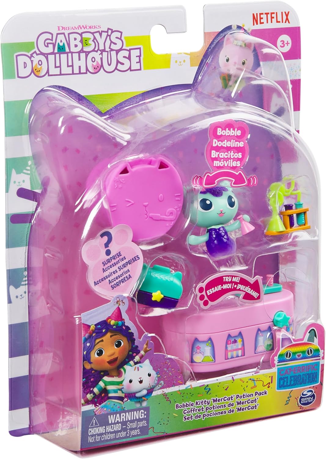 Gabby’s Dollhouse Figura MerCat Bobble da Série Celebration com Mobília e Acessórios para Casa de Bonecas, Brinquedo Infantil para Meninas e Meninos a partir de 3 Anos