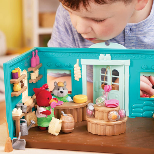 Li’l Woodzeez WZ6813SZ Conjunto de estatuetas de animais - Mini móveis de brinquedo e comida para brincar - Livro de histórias incluído - 3 anos + - Honeysuckle Hollow General Store-Deluxe, Multi