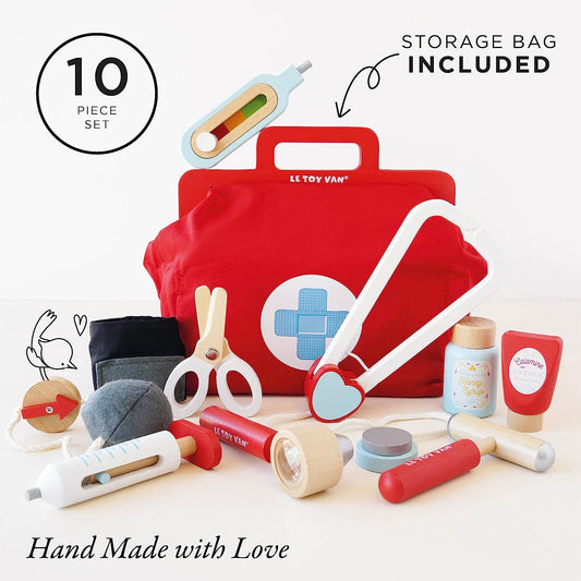 Le Toy Van - Kit de conjunto de brincadeiras médicas para crianças de madeira educacional fingir brincar Honeybake Doctor | Crianças fingem dramatização para meninos e meninas - 3 anos +