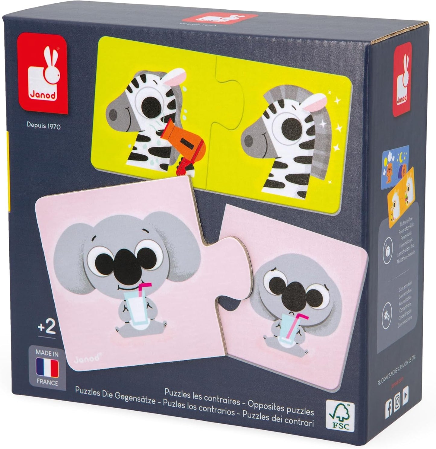 Janod - Puzzle de Opuestos - 12 Puzzles de Cartón de 2 Piezas - Juego Educativo - Motricidad Fina y Concentración - Producto FSC y Tintas Vegetales - Fabricado en Francia - A partir de 2 años