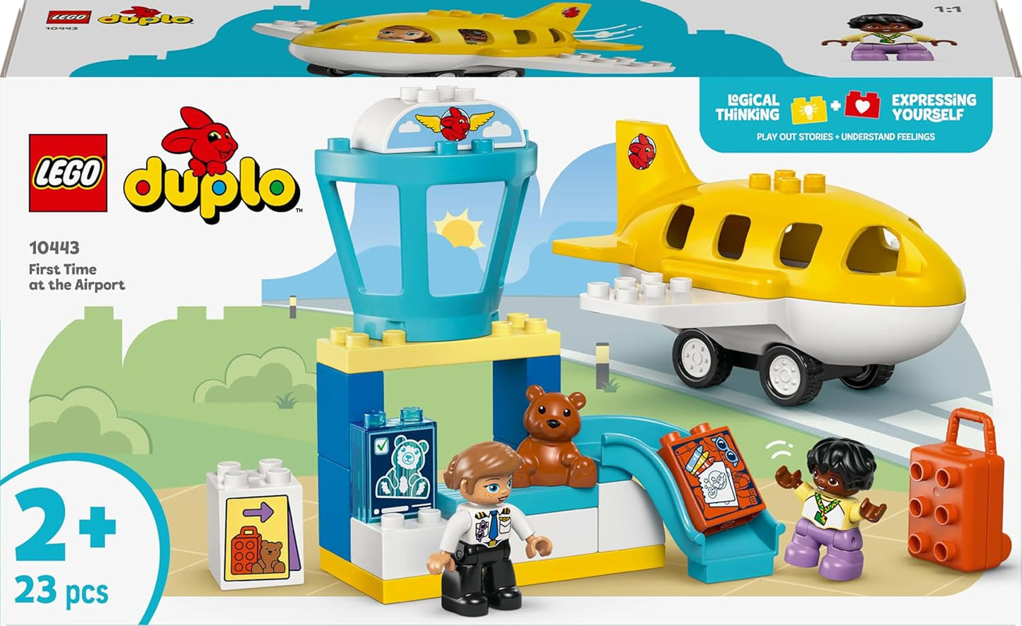 LEGO DUPLO Primeira Vez no Aeroporto - Brinquedo Educativo de Habilidades Motoras para Crianças, incluindo um Avião, 2 Bonecos e um Ursinho de Pelúcia - Presente de Aniversário para Meninos e Meninas a partir de 2 Anos - 10443