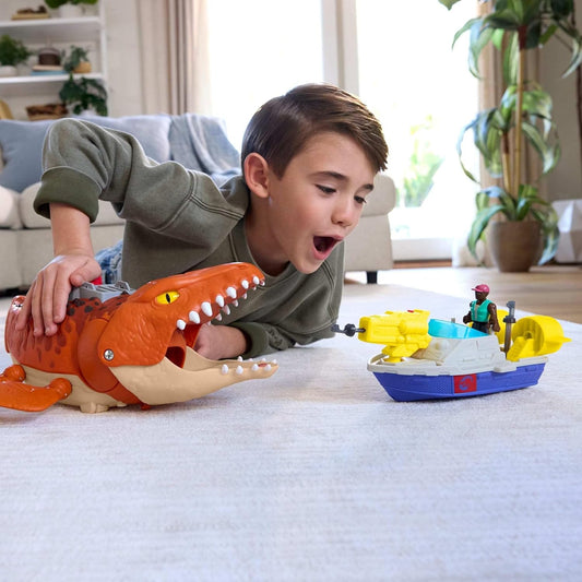 Fisher-Price Imaginext Jurassic World Rebirth Aquachomp Chase Mosasaurus - Brinquedo de dinossauro de 45 cm com figura de ação de 7,5 cm, barco lançador e 2 projéteis, JFR23
