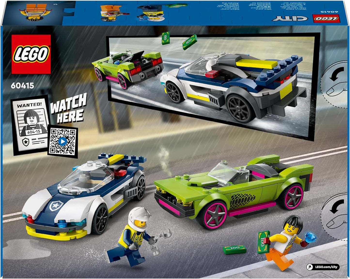 LEGO City Police Car and Muscle Car Chase, brinquedos de veículos de corrida para meninos e meninas de 6 anos ou mais, presente divertido para crianças que amam brincar de fingir, inclui minifiguras de oficial e bandido 60415