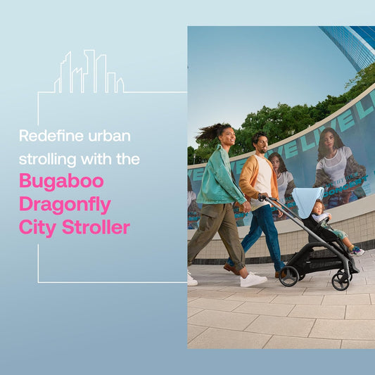 Cochecito Bugaboo Dragonfly City, Cochecito ligero y compacto con una sola mano, fácil de plegar en cualquier posición, suspensión total, cesta debajo del asiento XL, chasis de grafito y capota solar azul Skyline