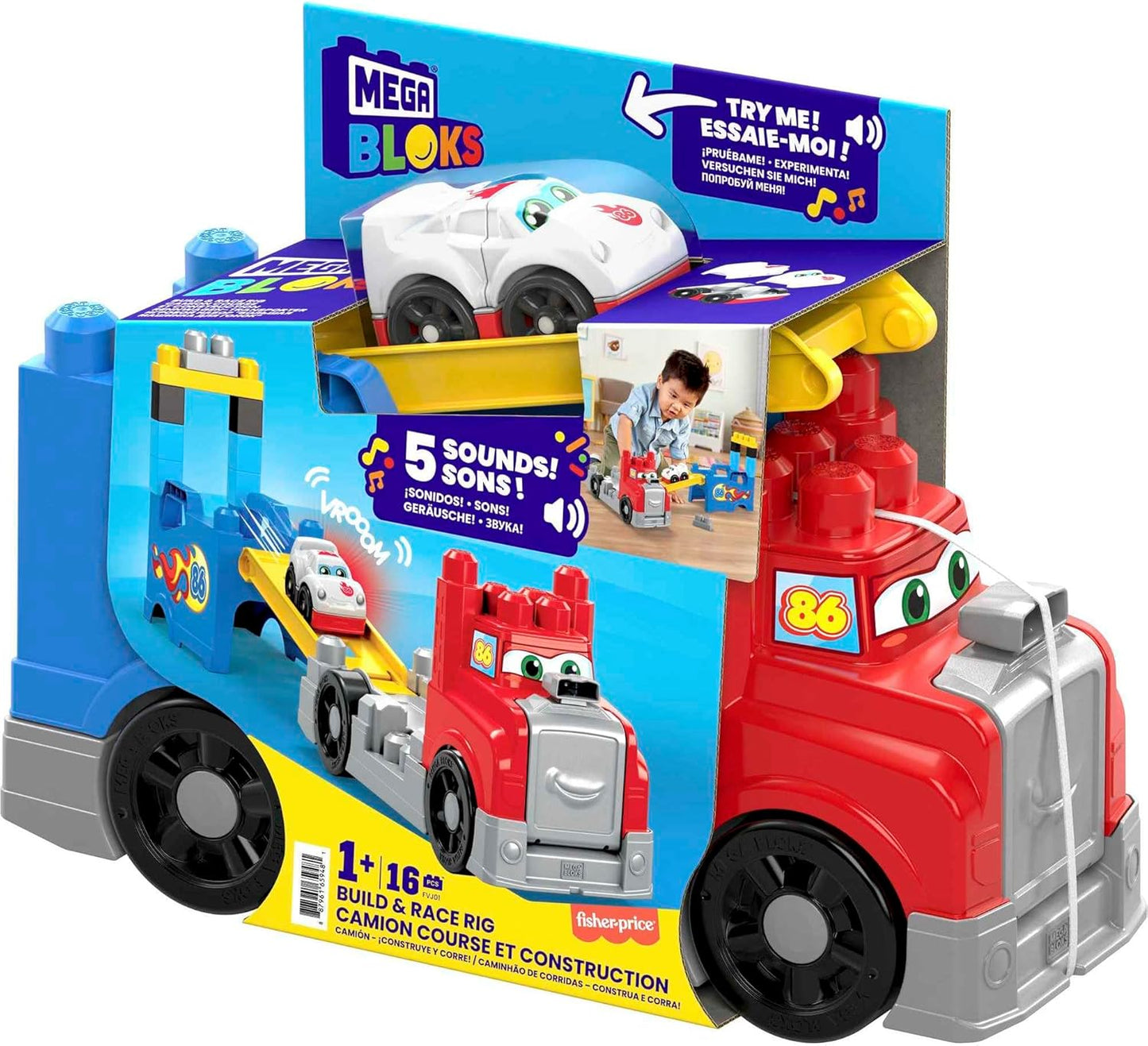 MEGA BLOKS Fisher-Price Toddler Blocks Race Car Building Toy, Build & Race Rig com 16 peças, 5 sons e pista de corrida, vermelho, crianças de 1 ano ou mais, FVJ01