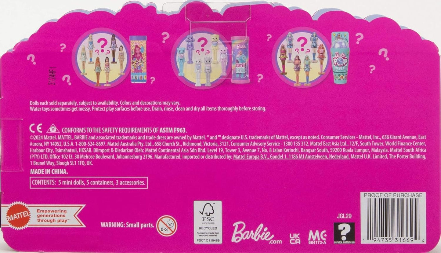 Polly Pocket Barbie Mini Barbie Land Pacote com 5 Bonecas Pop Reveal, Mini Boneca de 1,5 polegada com Revelação Surpresa e Peça de Brinquedo Sensorial (Os Estilos Podem Variar), JGL29