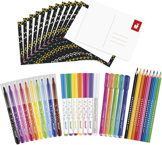 Janod - Conjunto de colorir com 42 peças - 12 cartões de colorir, 10 canetas hidrográficas, 5 canetas glitter, 7 canetas mágicas, 8 lápis de cor - Caixa reutilizável - Idades 3+ - J07419