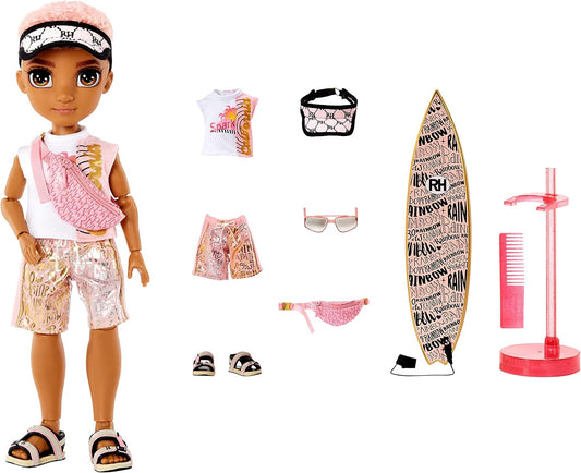 Rainbow High Pacific Coast - FINN ROSADO - Boneco Fashion Masculino com Roupa, Prancha de Surf e Suporte de Exibição - Inclui Acessórios de Piscina, Bolsa Transversal e Mais - Presente e Item de Colecionador para Crianças a partir de 6 Anos 581888