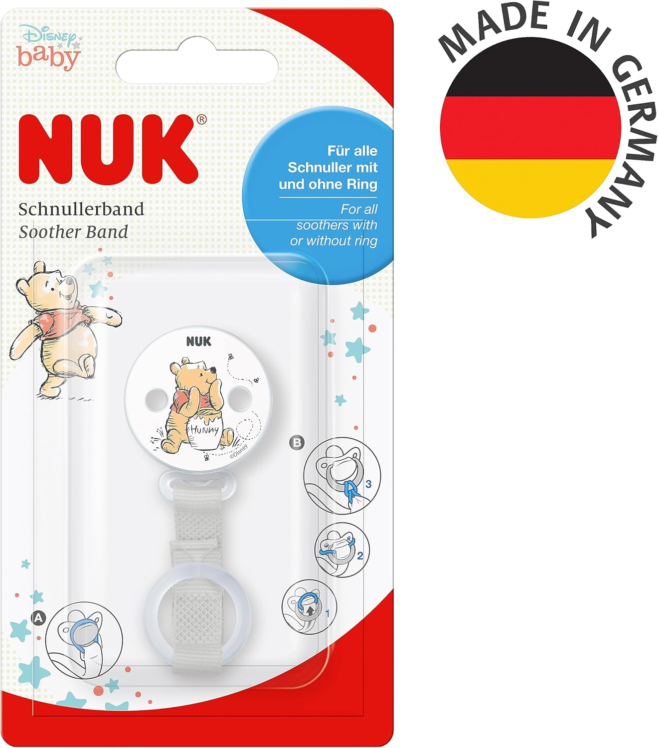 NUK Disney Winnie The Pooh Dummy Band e clipe | para todas as chupetas com e sem anel | Resiliente e à prova de quebra | 1 contagem