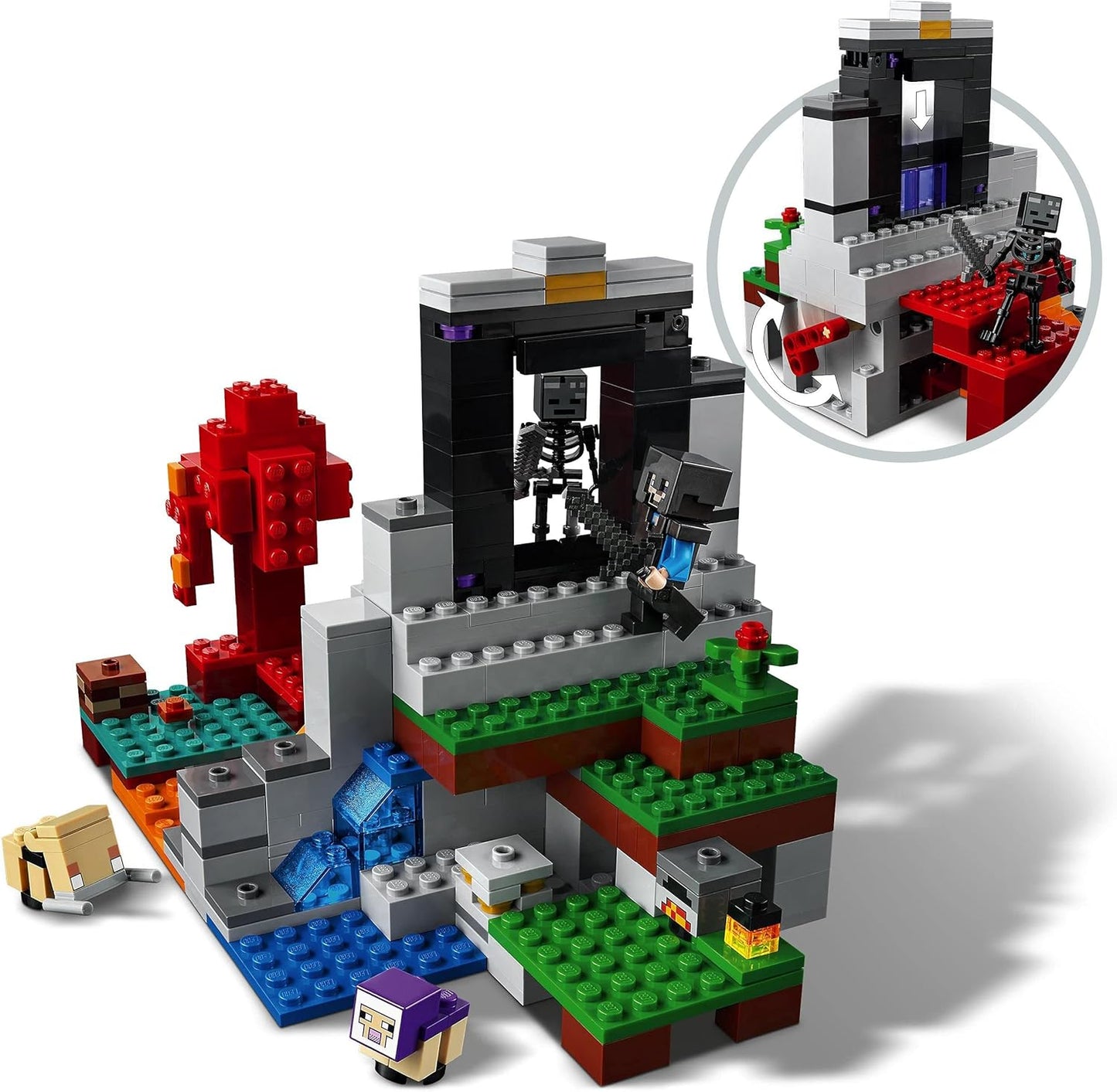 LEGO 21172 Minecraft The Ruined Portal Building Toy com figuras de esqueleto de Steve e Wither, ideia de presente para crianças, meninos e meninas de mais de 8 anos