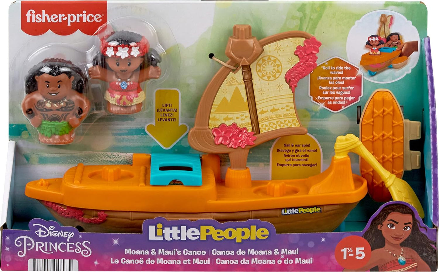 Brinquedo Fisher-Price Little People para crianças pequenas: Canoa à Vela da Princesa Moana e do Maui da Disney com figuras para brincar de faz de conta. Idade recomendada: 18+ meses. HNR27