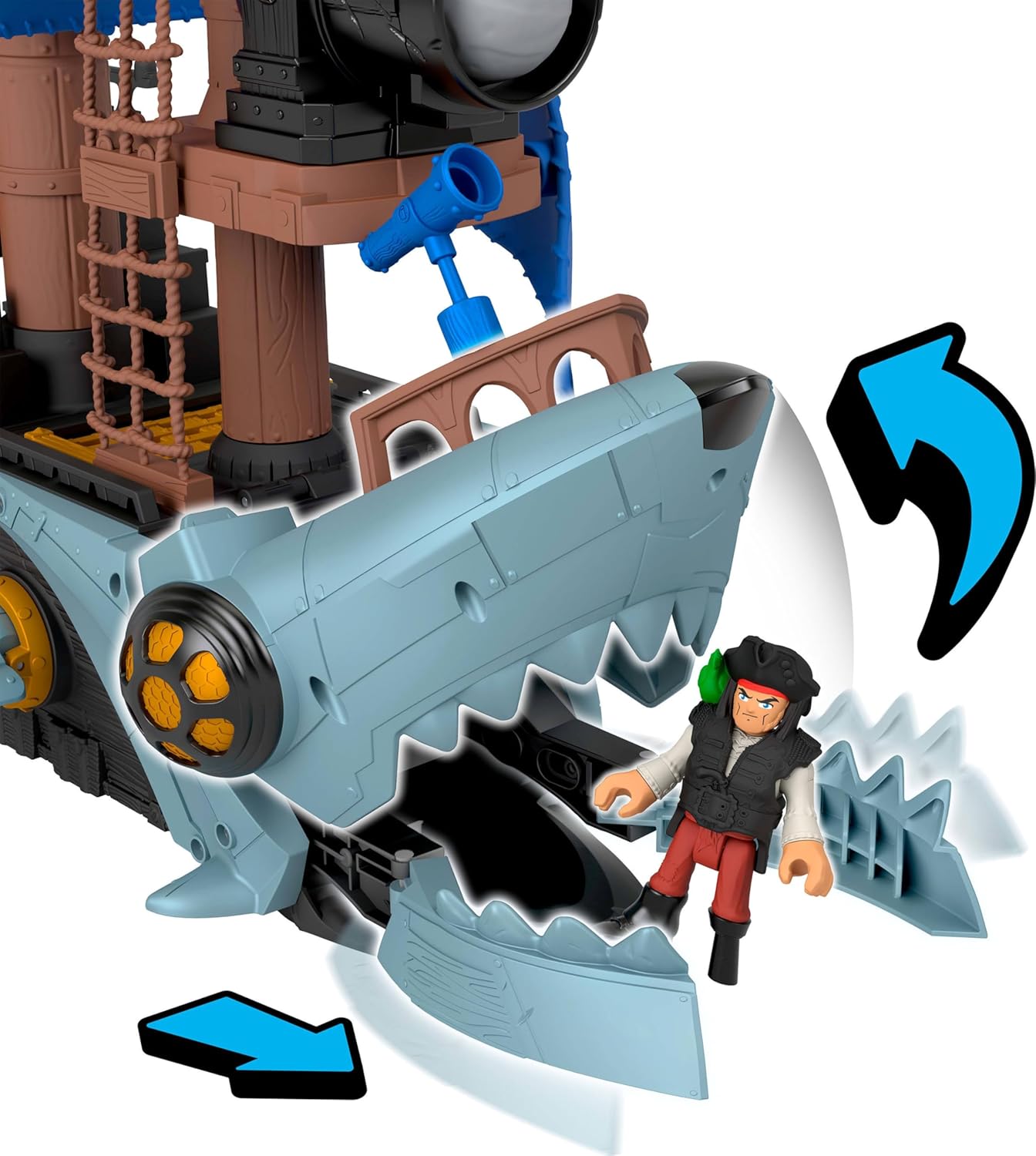 Fisher-Price Conjunto de brinquedo Imaginext Navio Pirata Mordida de Tubarão com 2 figuras de ação, barco de brinquedo com mandíbulas que mordem e lançador, 12 acessórios, JLC50