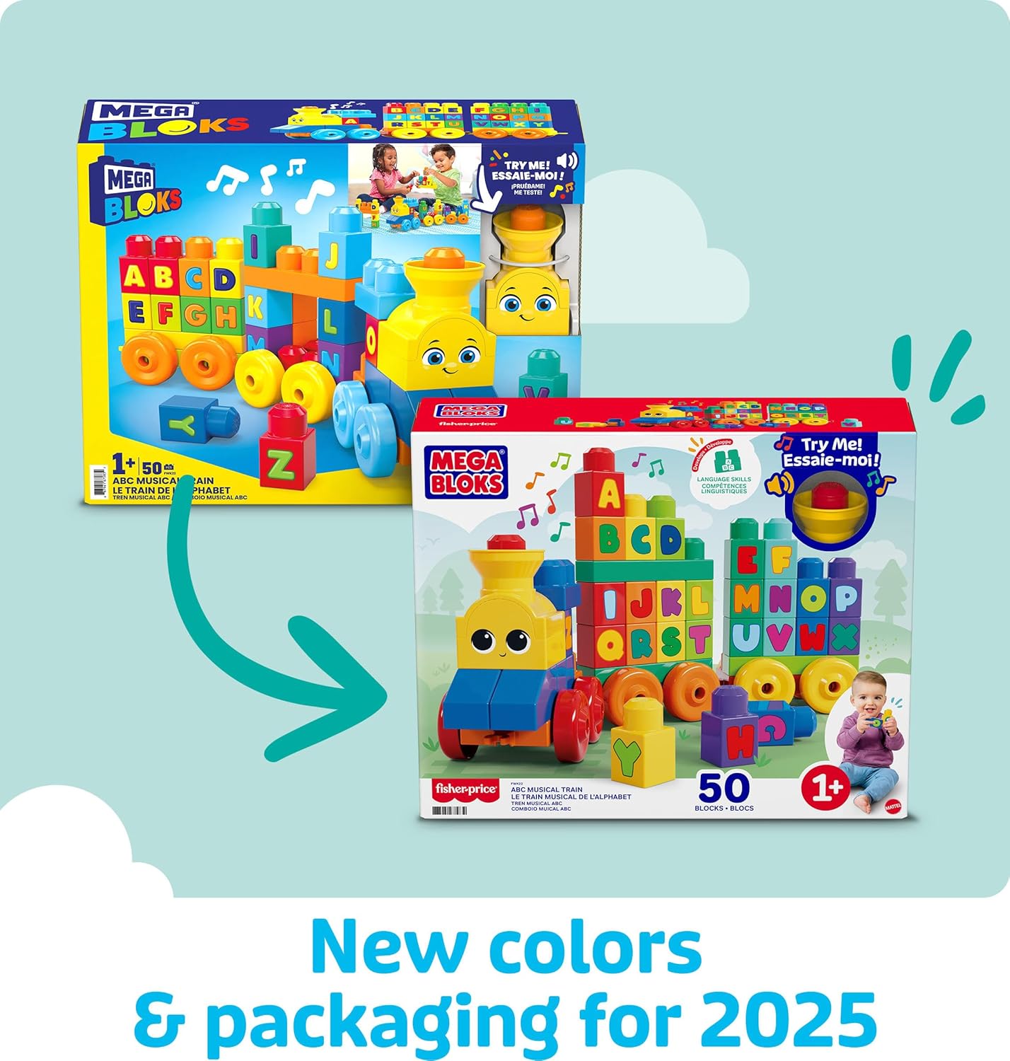 MEGA BLOKS First Builders Conjunto de blocos de construção para crianças pequenas, trem musical ABC com 50 peças, música e sons, idades de 1+ anos, FWK22