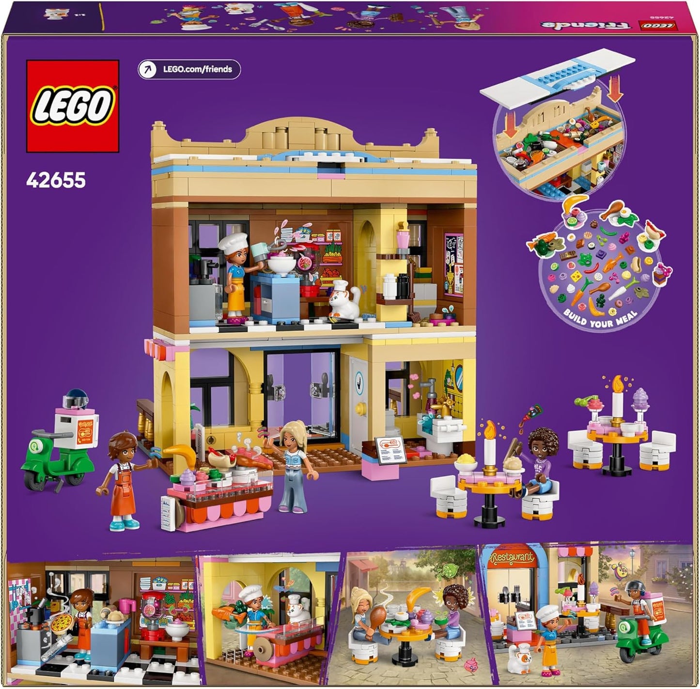 LEGO Friends Restaurant and Cooking School Set, Food Role-Play Toy with 4 Character Mini Dolls, a Cat Figure and Accessories, Birthday Gift for 8 Plus Year Old Girls