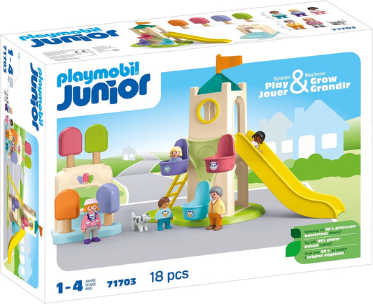 Playmobil 71703 JUNIOR Adventure Tower com cabine de sorvete, brinquedos de desenvolvimento para crianças com torre e roda gigante, brinquedos educativos, feitos de mais de 90% de plásticos vegetais