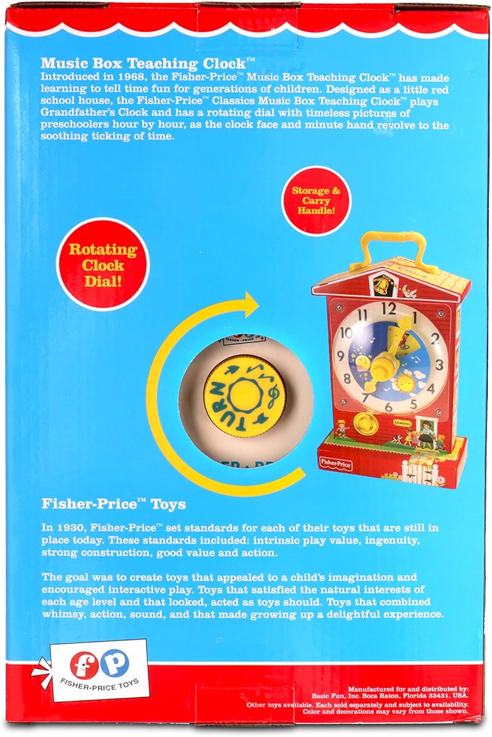 Clássicos da Fisher-Price, relógio de ensino com caixa de música, brinquedo musical para bebês, brinquedo interativo para bebês, brinquedo clássico com embalagem estilo retrô, brinquedos de simulação para meninos e meninas com mais de 18 meses