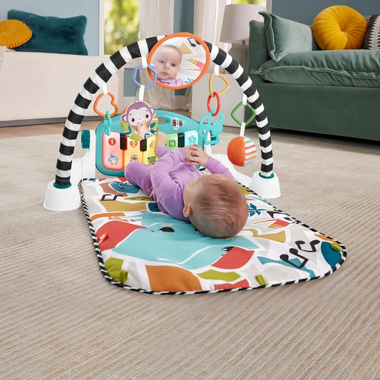 Fisher-Price Baby Activity Mat Glow and Grow Kick & Play Piano Gym, Juguete musical portátil con aprendizaje de etapas inteligentes, Edad 0+ meses, Azul, Versión Queens en inglés,