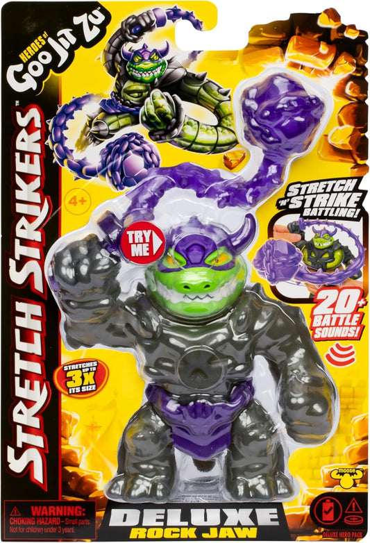 Heróis de Goo Jit Zu Stretch Strikers Deluxe Hero Pack Rock Jaw, Figura de Ação Elástica com Mais de 20 Sons de Batalha Incríveis