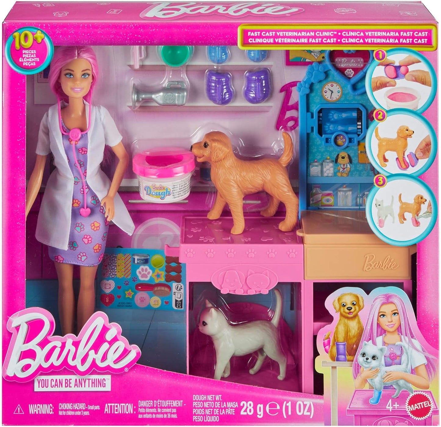 Barbie Conjunto de Clínica Veterinária Fast Cast com Boneca Fashion de Cabelo Rosa, Mobiliário Veterinário e Mais de 10 Acessórios, Incluindo Moldes e Massa para Curativos.