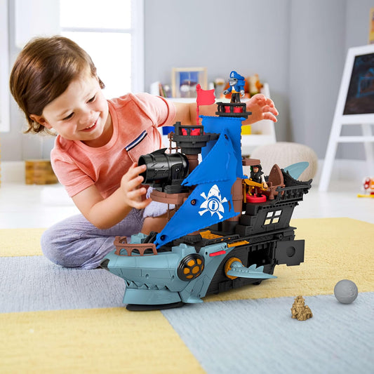 Fisher-Price Conjunto de brinquedo Imaginext Navio Pirata Mordida de Tubarão com 2 figuras de ação, barco de brinquedo com mandíbulas que mordem e lançador, 12 acessórios, JLC50