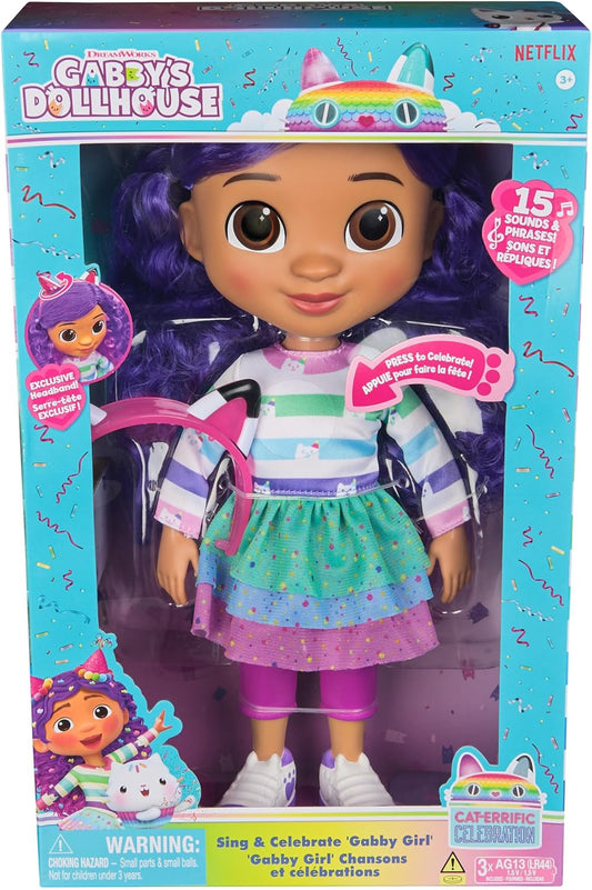 Gabby’s Dollhouse, Boneca Gabby Girl Canta e Celebra, 33 centímetros de altura, com efeitos sonoros e orelhas de gato reversíveis, brinquedo infantil para meninas e meninos a partir de 3 anos.