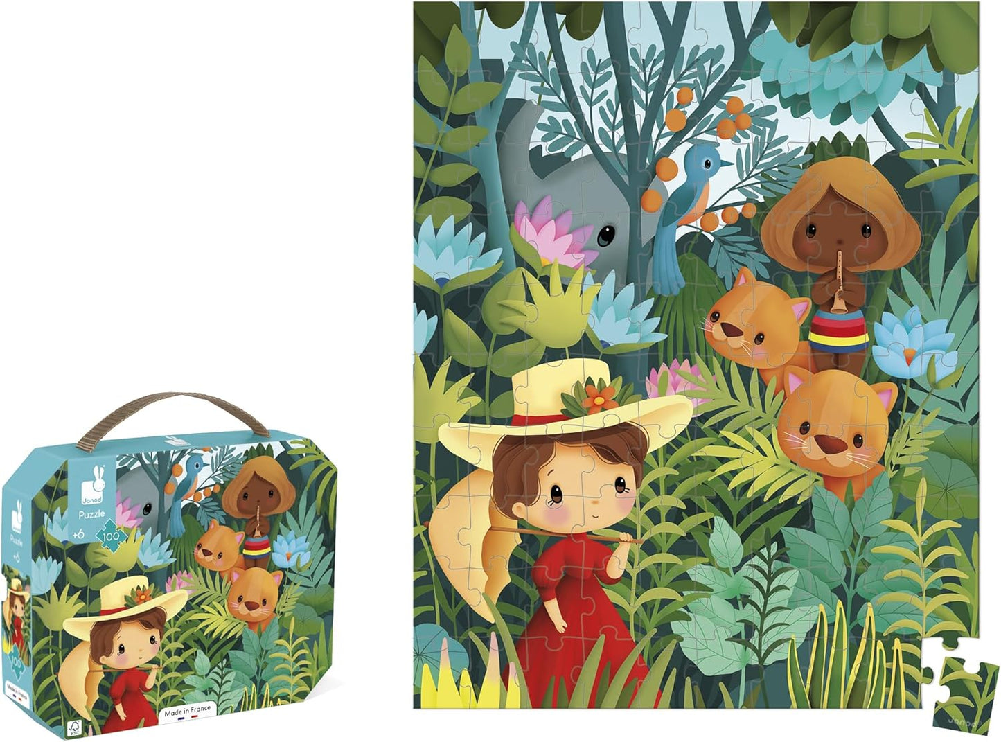 Janod - Quebra-cabeça 100 Peças Inspirado em Rousseau - Quebra-cabeça 100 Peças Infantil - Jogo Educativo - Desenvolve Paciência e Destreza - Certificado FSC - A partir de 6 anos, J02550