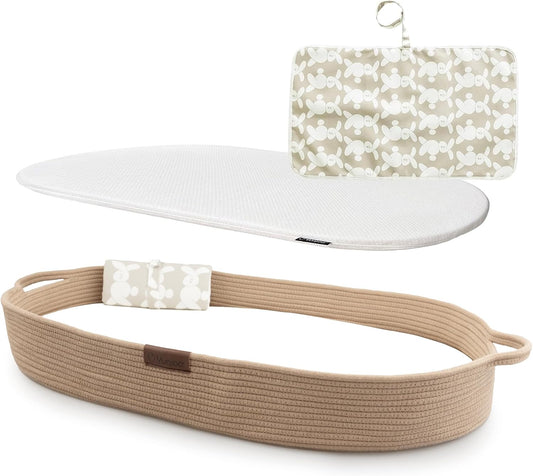 Yunioo Cesta de troca de bebê de luxo com trocador extra de viagem, trocador portátil premium com capa ultramacia, cesta de bebê de corda de algodão, trocador para cômoda