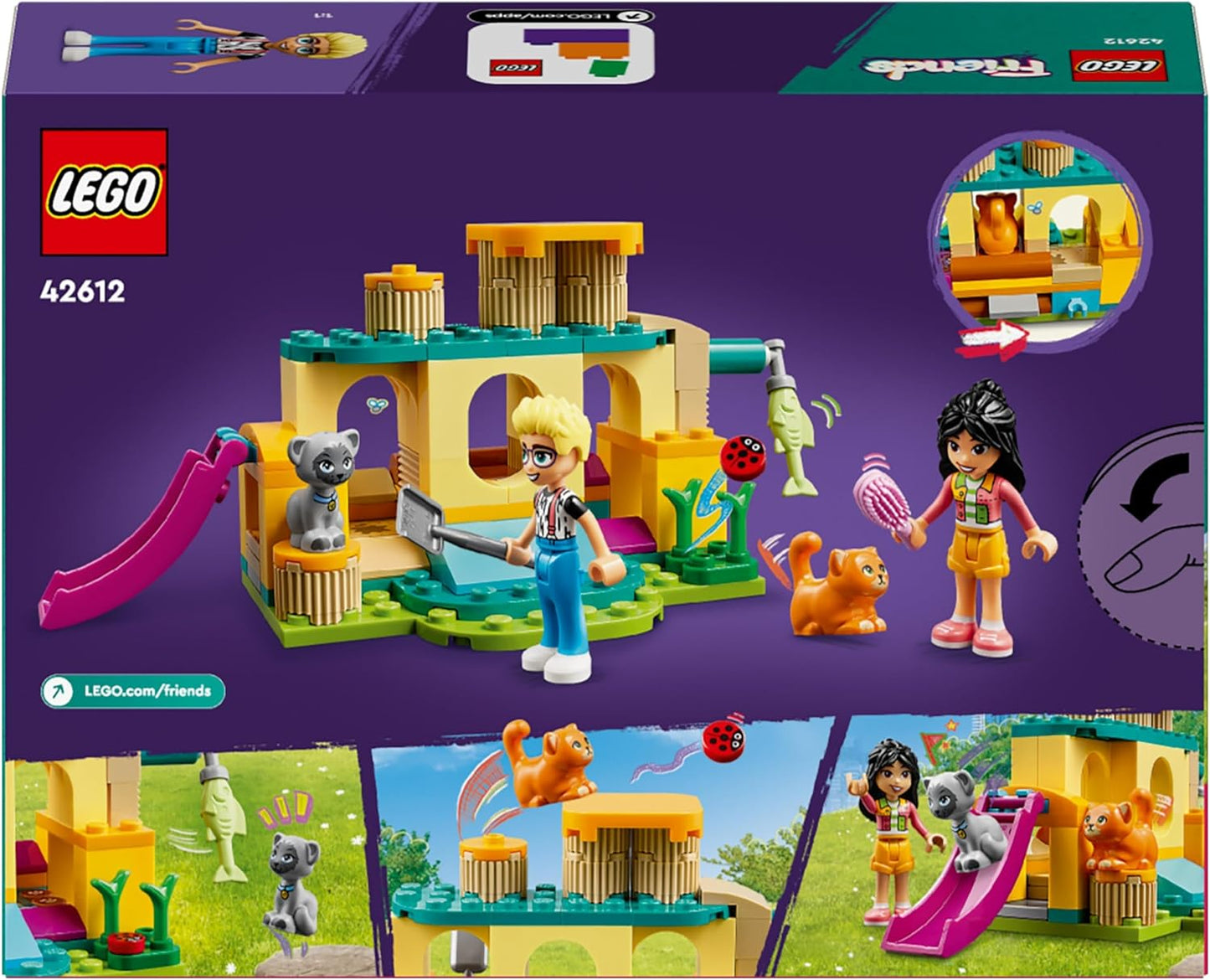 LEGO Friends Aventura en el parque infantil para gatos, juguete de animales con figuras de mascotas y accesorios que incluyen un pez, regalo para niñas, niños y niños a partir de 5 años, incluye personajes de minimuñecas Olly y Liann 42612