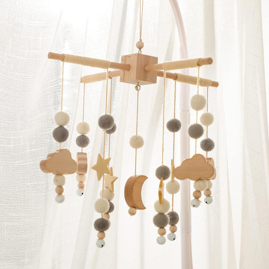 let's make Bolas móviles de madera y forro polar para bebés, campanas de viento, campanas para hamacas de guardería, regalos para recién nacidos para niñas o niños (luna gris)
