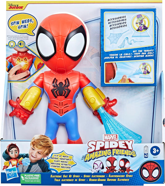SPIDEY Y SUS AMAZING FRIENDS Marvel Electronic Suit Up Spidey, figura de acción de 10 pulgadas, juguetes preescolares para niños de 3 años en adelante
