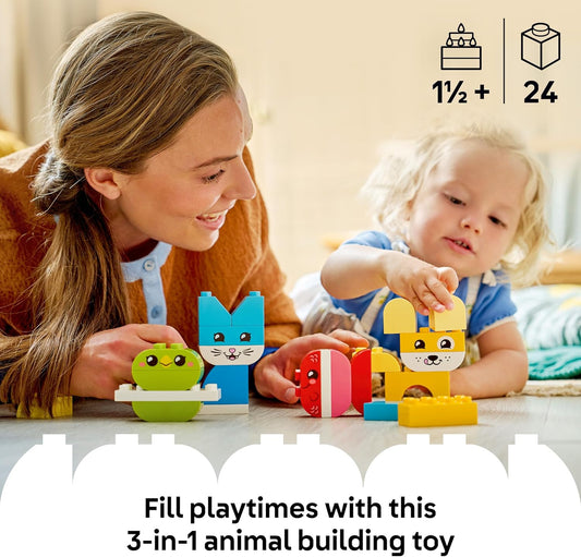 LEGO DUPLO 3 em 1 Bichinhos Criativos e Fofos - Brinquedo Educativo para Desenvolvimento da Coordenação Motora Fina em Crianças - Figuras de Animais, incluindo Cachorro, Gato, Pássaro e Peixe - Presente de Aniversário para Bebês,