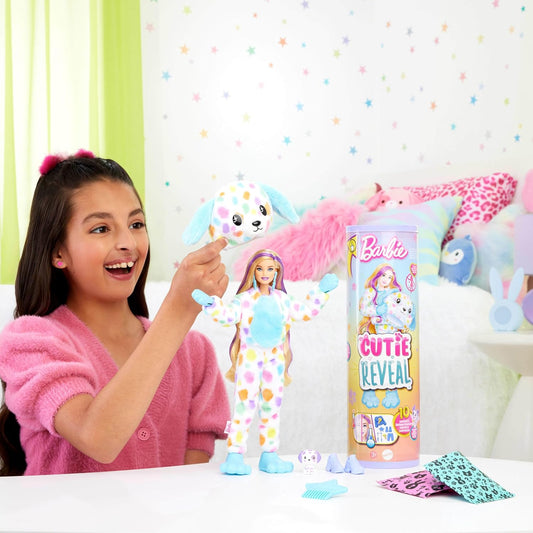 Muñeca Barbie Cutie Reveal y accesorios con disfraz de felpa de dálmata arcoíris y 10 sorpresas que incluyen cambio de color, serie Color Dream, HRK41