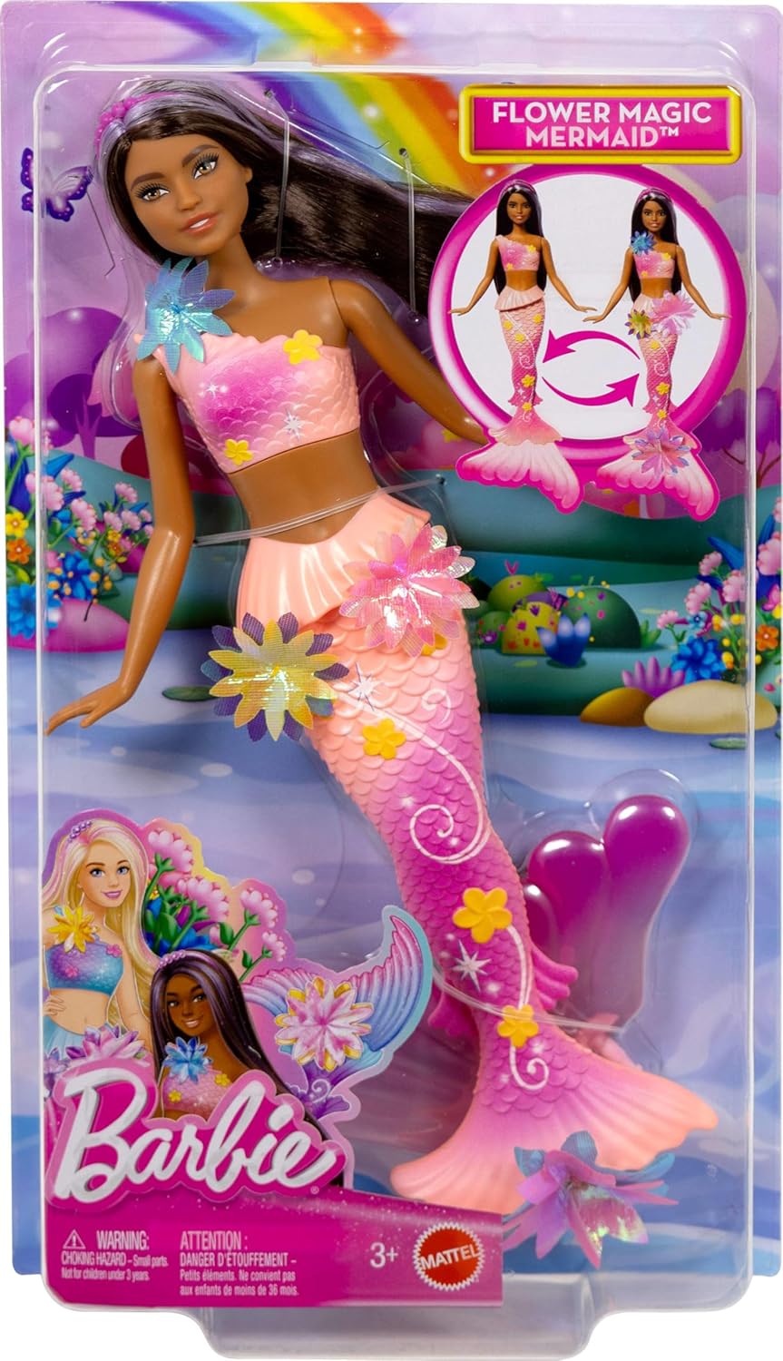 Barbie Mermaid Toy Dolls with Surprise Magic Blooming Flowers Feature, Ombre Tails, Pearl Headband Accessory & Long Brown Hair with Purple Highlights, JDM73