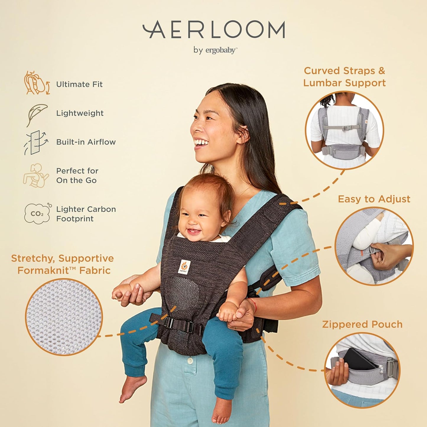 Ergobaby Porta-bebês Aerloom para recém-nascidos e crianças pequenas, porta-bebês ergonômico de 3 posições, na barriga ou nas costas, porta-bebês Formaknit (Citrino)