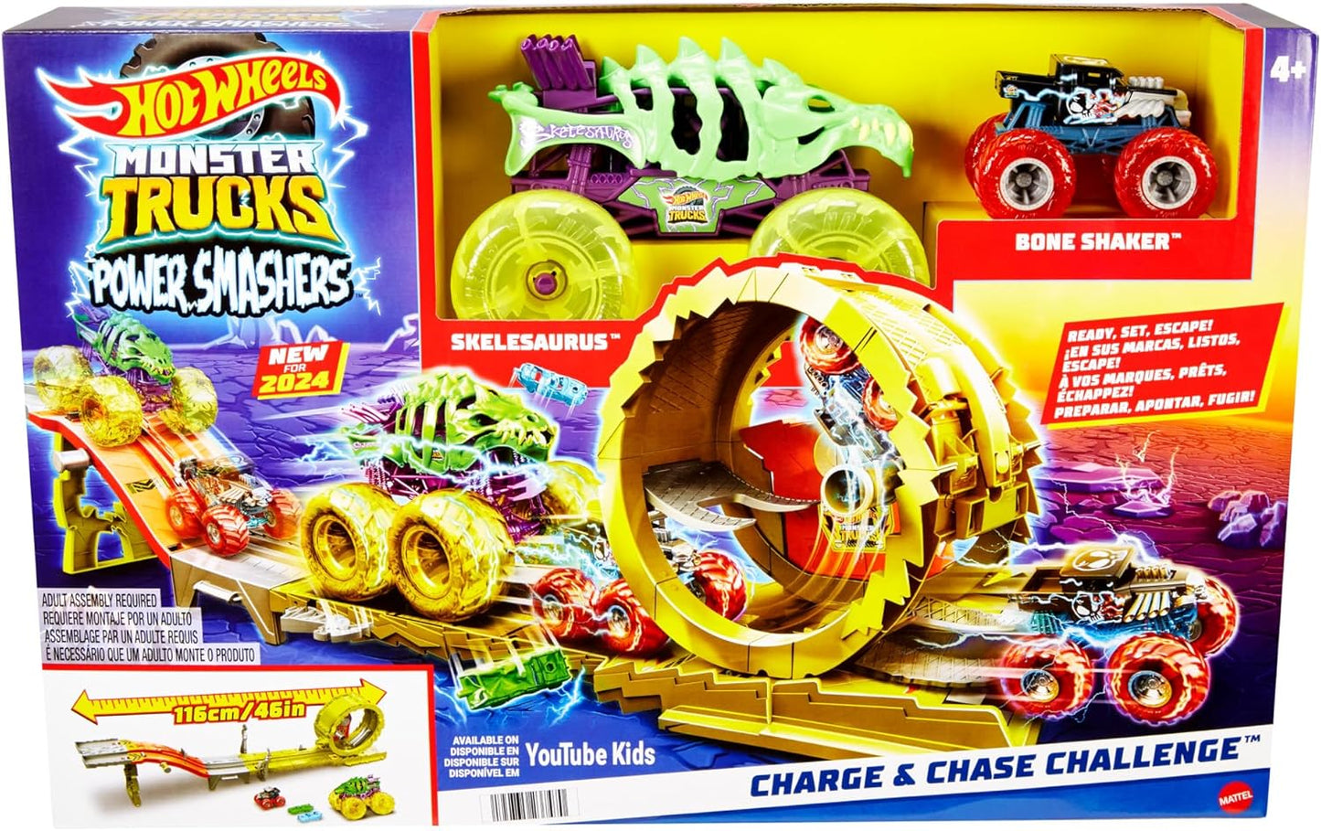Hot Wheels Monster Trucks Juego de pistas con 2 camiones de juguete: Skelesaurus grande y Bone Shaker en escala 1:64, desafío Charge & Chase con 2 autos destrozados