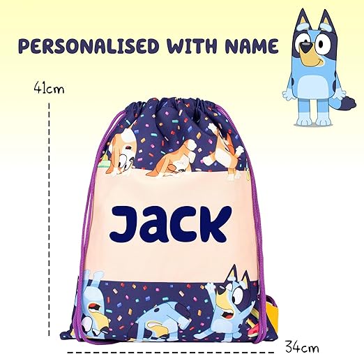 Bluey Bolsa de cordão personalizada para crianças Bolsa de educação física - Bolsa escolar infantil - Presente personalizado para meninos e meninas - Bolsa de natação para crianças roxa