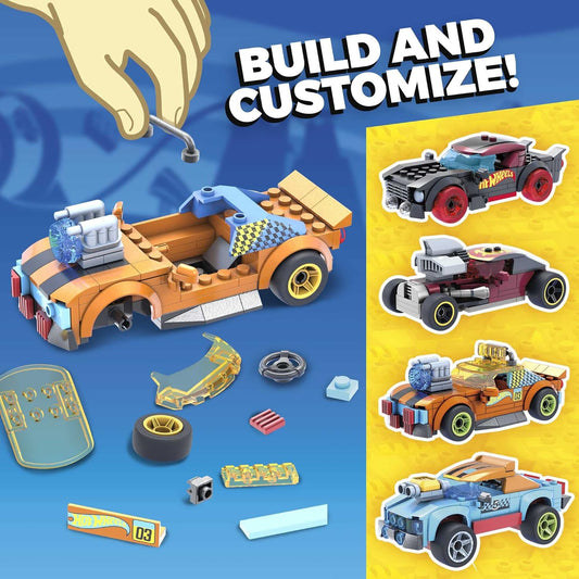 MEGA Conjunto de construção Hot Wheels Car Customizer com microfigura driver, rodas giratórias e recursos autênticos, conjunto de brinquedos para presentes para meninos e meninas a partir de 5 anos
