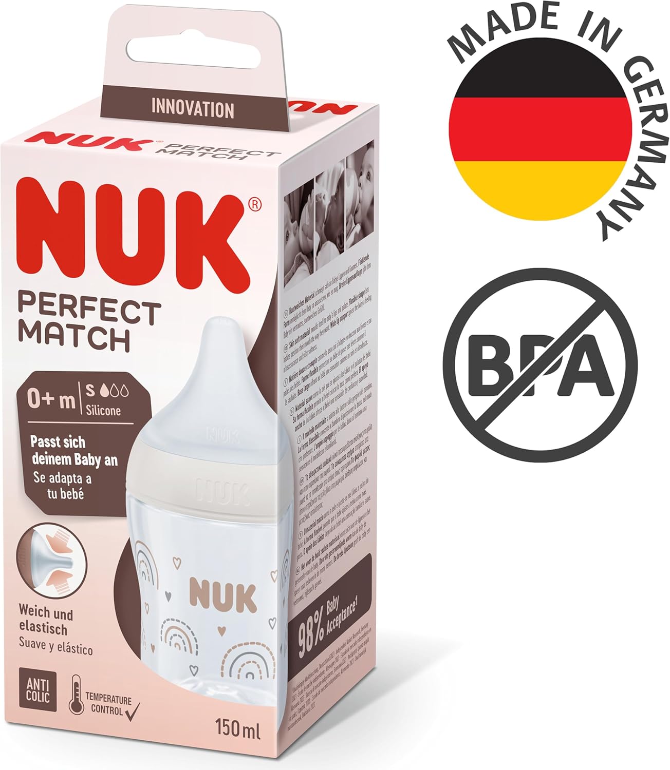 NUK Conjunto de Mamadeiras Perfect Match | 0+ Meses | Adapta-se ao Paladar do Bebê | Controle de Temperatura | Válvula Anticólica | 150 ml | Livre de BPA | Bico de Silicone Pequeno | Arco-Íris | 4 Unidades