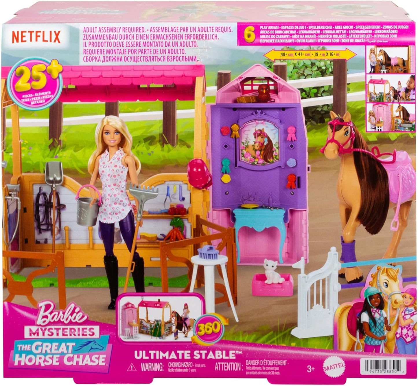 Barbie Conjunto de estábulo com boneca, cavalo e acessórios, mais de 25 peças com 6 áreas de brincadeira, inspirado em Barbie Mysteries: The Great Horse Chase, JDN43
