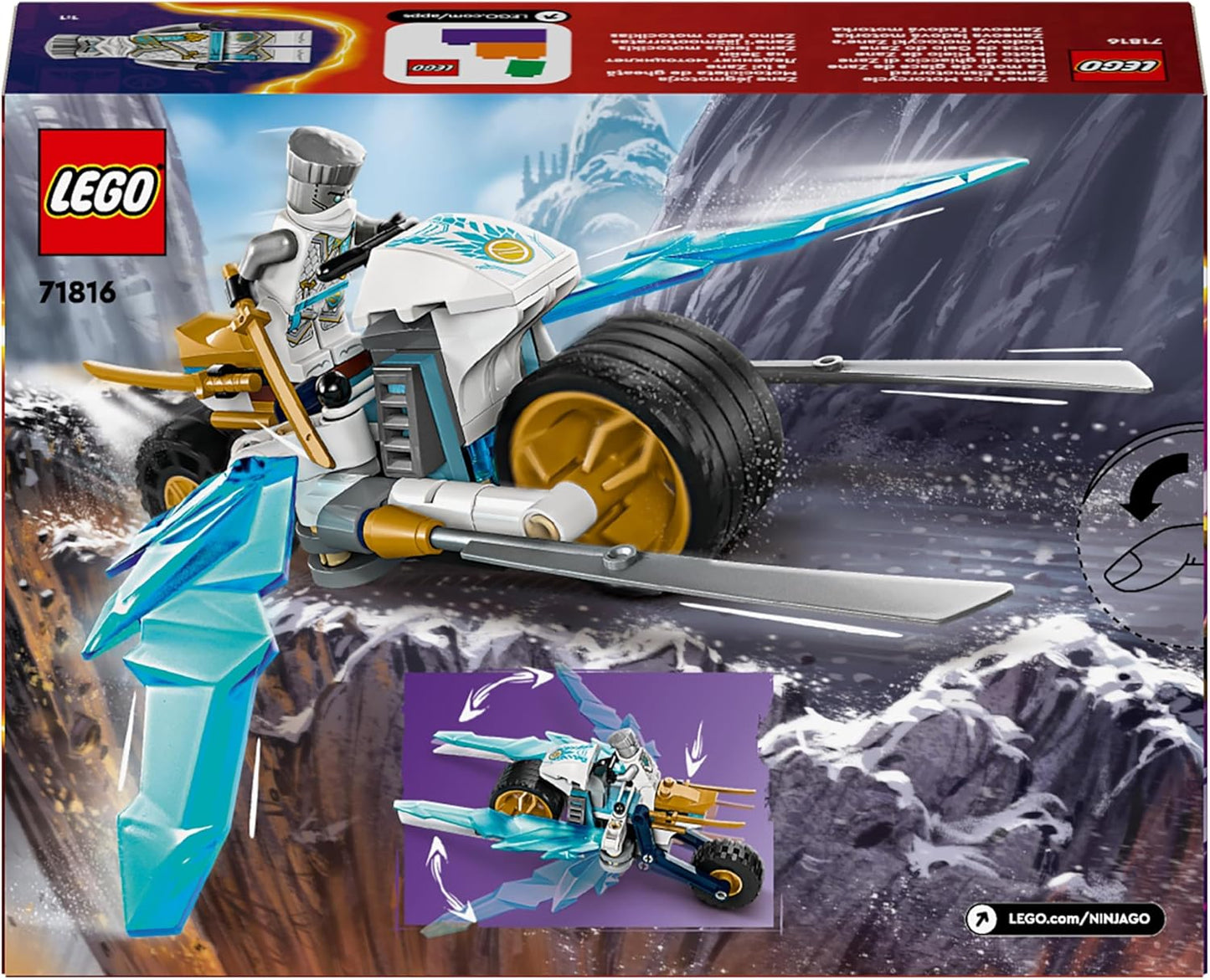 LEGO NINJAGO Zane Moto de Hielo, Juguete para niños y niñas a partir de 7 años, Juego de Moto Dragons Rising con Minifigura del Personaje Zane, Juego de Aventura Ninja, Vehículo pequeño, Regalo para niños 71816