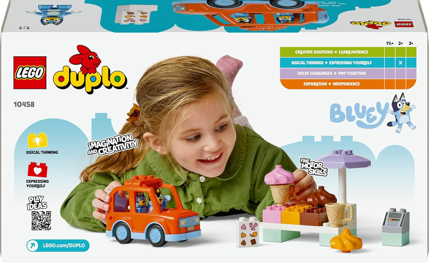 LEGO 10458 DUPLO Bluey: Viagem de Sorvete com Bluey - Brinquedo Educativo de Habilidades Motoras para Crianças, com Carrinho de Brinquedo e Suporte de Sorvete, além de 2 Figuras, incluindo Bandit - Presente para Meninas e Meninos a partir de 2 Anos -
