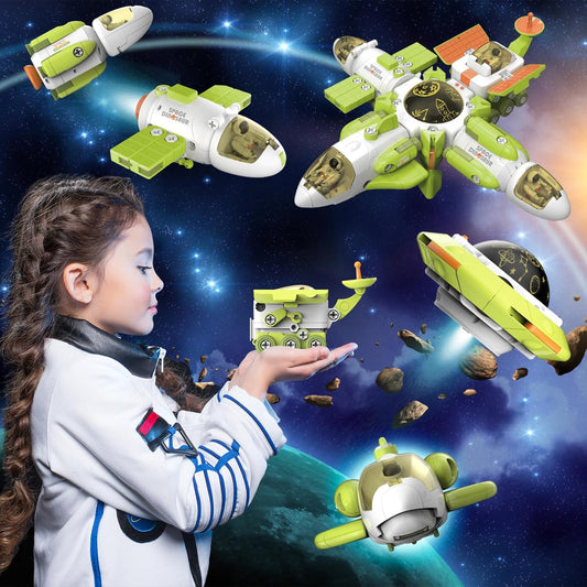 Conjunto de Brinquedos Transformáveis 5 em 1 com Dinossauros Espaciais - Estação Espacial desmontável que se transforma em 5 dinossauros de brinquedo ou 5 naves espaciais de brinquedo para meninos e meninas de 3 a 9 anos,