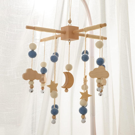 Let's Make Bolas móviles de Madera y Forro Polar para bebés, Campanas de Viento, Campanas para Hamacas de guardería, Regalos para recién Nacidos para niñas o niños (Luna Azul)