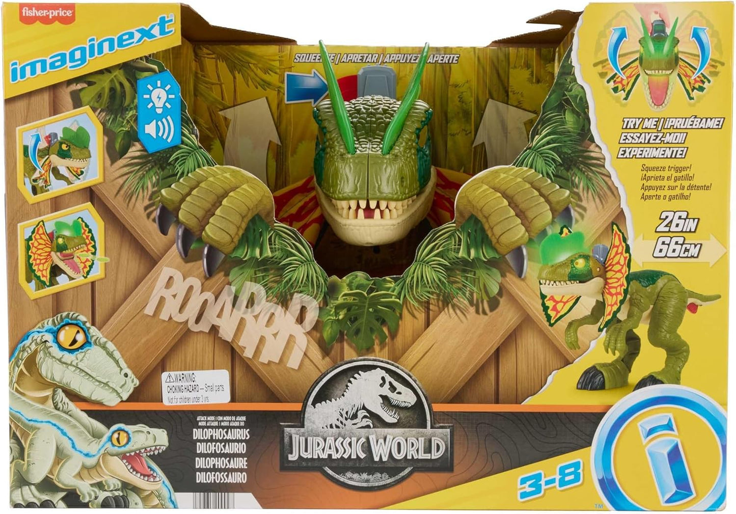 Brinquedo de dinossauro Fisher-Price Imaginext Jurassic World Thrash Attack Dilophosaurus, figura de 40 cm com luzes e sons, para crianças a partir de 3 anos, HVY16