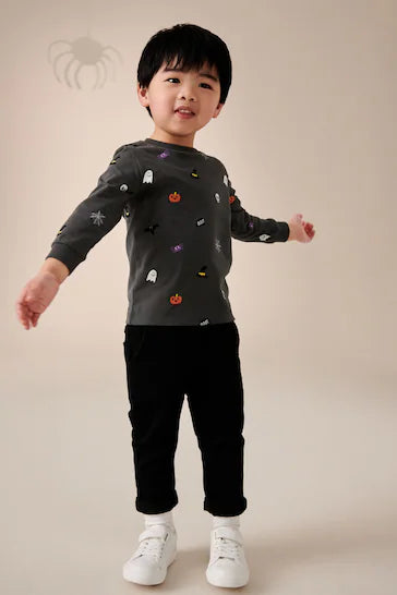 |Boy| Camiseta De Manga Comprida 100% Algodão Para Halloween – Cinza Carvão (3 meses a 7 anos)