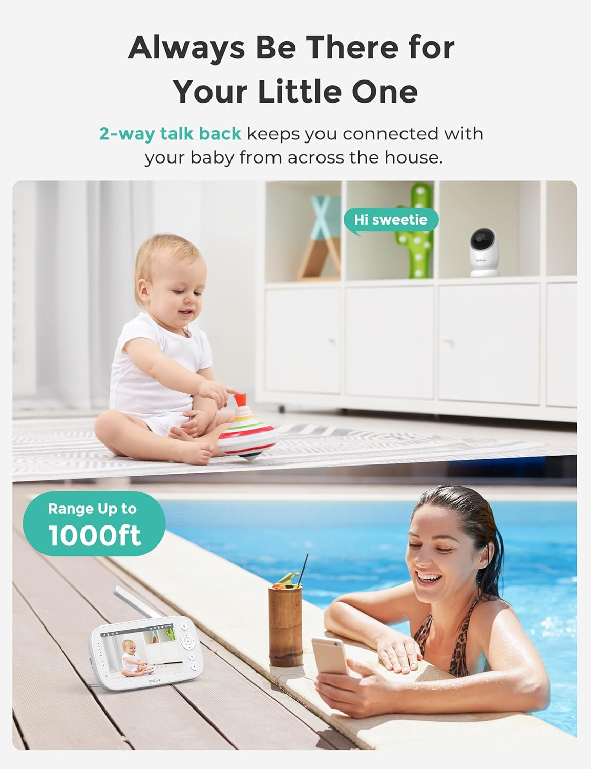 Dr.Care Add-on Baby Camera NovaView/VAVA Baby Monitor, Visão noturna, Tempo real/VOX, Zoom 2X/4X, Pan & Tilt, 1000 pés